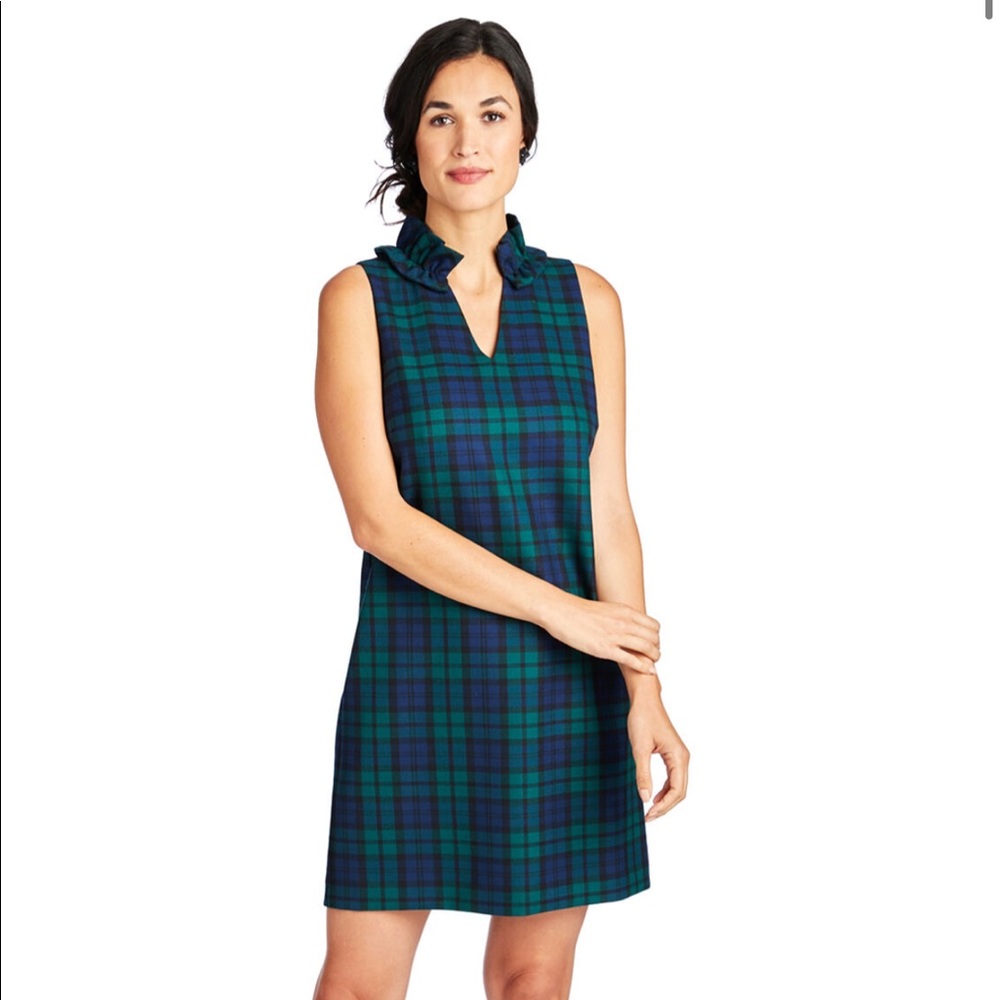 Navy Plaid Ruffle Neck Dress